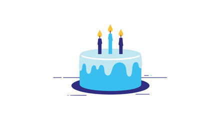 A minimalist flat design illustration of a blue two-tiered birthday cake with dripping icing and three lit candles on a plate.
