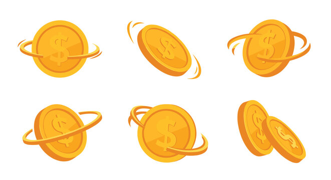 A dynamic collection of shiny golden dollar coins shown in various stages of spinning, rotating, and flipping on a white background.