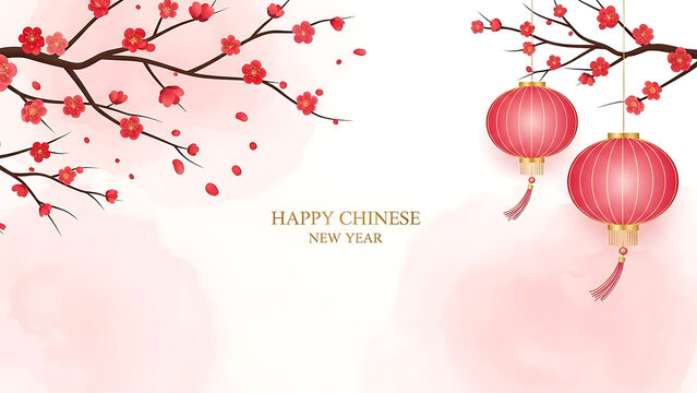 Chinese new year celebration with cherry blossoms and red lanterns