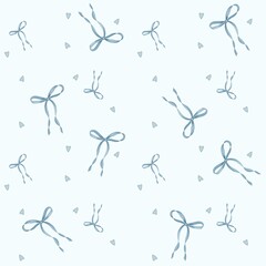 Blue Seamless Watercolour Patterns with Hearts and Bows 