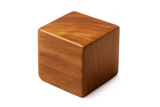 Wooden cube block geometry object with rounded brown edges and natural wood grain texture isolated on transparent background