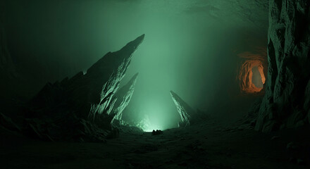 Illuminated cave interior with sharp rock formations and a tunnel entrance, presenting a mysterious and adventurous atmosphere, suggesting exploration
