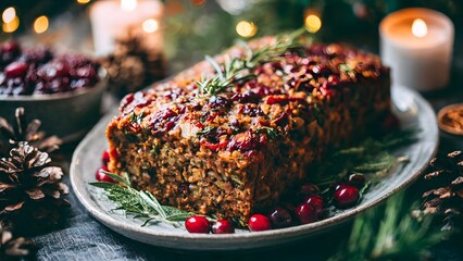 A beautifully presented holiday nut roast loaf, richly flavored with cranberries and rosemary, garnished with fresh herbs and served on a rustic table with Christmas candles and bokeh lights.
