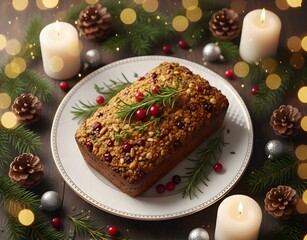 An elegant rectangular vegetarian nut roast loaf, richly garnished with pine nuts, cranberries, and fresh rosemary, set against a dark festive Christmas candle light background.