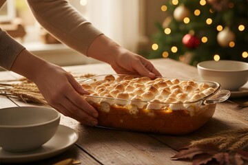 A person serves a bubbling, marshmallow-topped sweet potato casserole in a glass dish onto a rustic wooden table, ready for a festive holiday meal.