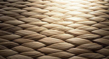Textured closeup of tightly woven natural fibers in a diagonal pattern illuminated by warm directional light