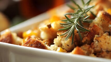 Delicious close-up of savory bread stuffing baked to a golden crunchy perfection in a clear glass dish seasoned with fresh rosemary and celery. 