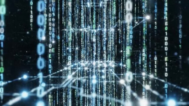 Dynamic digital rain of binary code cascading with futuristic technology, perfect for cybersecurity or innovative concepts presentations