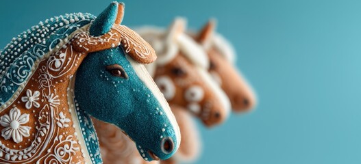 Elegant Horse Shaped Gingerbread Cookies with Intricate Icing on a Blue Background. Festive Baking