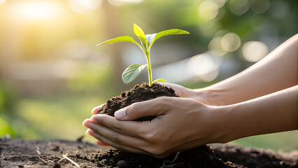 Close-Up of Hands Gently Holding Small Sprout of Green Plant Growing Out of Soil Showing Care and Nurturing New Life for Sustainability and Growth on Sunny Day