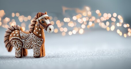 Festive Gingerbread Horse Decoration with Bokeh Lights for Christmas and New Year Celebrations