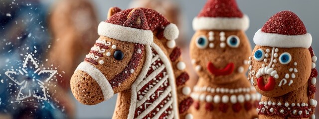 Festive Christmas Gingerbread Cookies Horse and People with Santa Hats for Holiday Celebrations