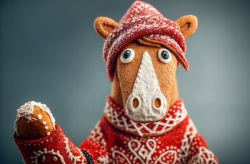 Charming Gingerbread Horse Wearing a Cozy Knitted Hat and Sweater on a Bright Blue Background