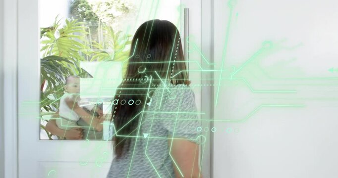 Host opening glass door seeing guests, hugging, welcoming plant, baby, green overlay signaling tech