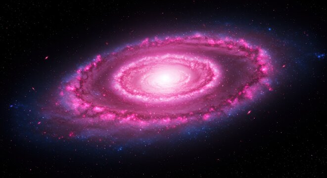 Brilliant pink and blue spiral galaxy dominates the deep space canvas