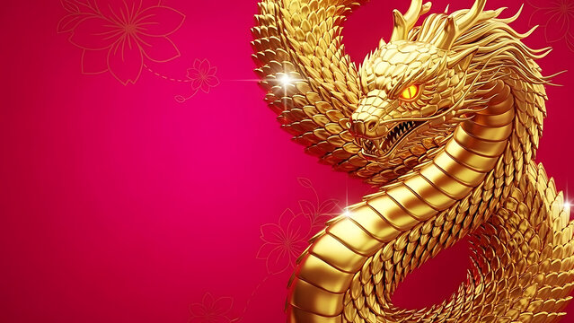 Golden dragon creature with three heads on a vibrant pink background
