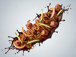 Jajangmyeon noodles flying mid-air with glossy black bean sauce splash, pork cubes, and vegetables on a clean light-gray studio background