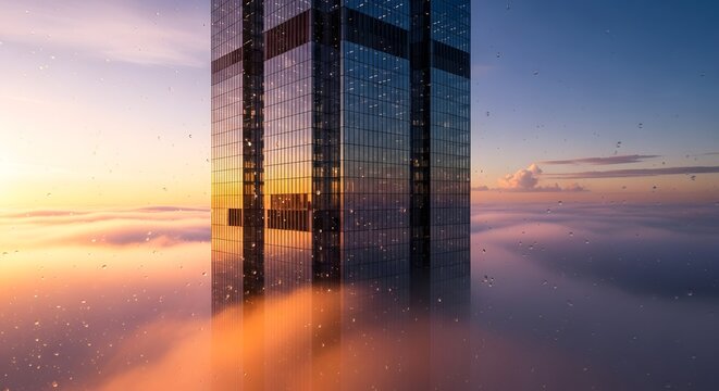 Modern skyscraper piercing through a sea of clouds at sunrise