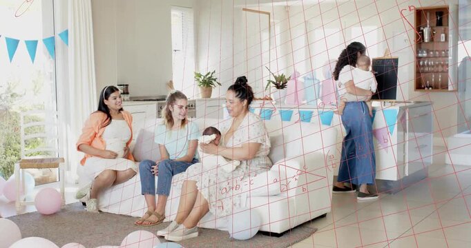 Standing woman entering with baby greeting moms at baby shower, red grid overlaying group with math - Powered by Adobe