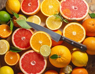 Close-up of sliced citrus fruits on a wood surface with a knife placed in the center, vibrant and colorful