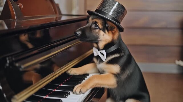 Sch&auml;ferhundwelpe im Frack und Zylinder spielt am Klavier