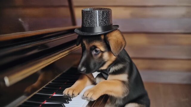 Sch&auml;ferhundwelpe im Frack und Zylinder spielt am Klavier