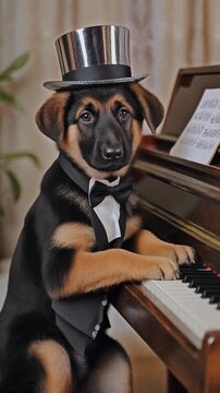 Sch&auml;ferhundwelpe im Frack und Zylinder spielt am Klavier
