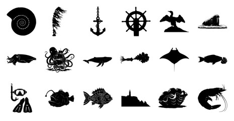 Obraz premium Marine Life and Nautical Symbols Silhouettes Keywords: ammonite, seaweed, anchor, ship wheel