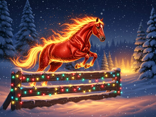 Red fire horse is a symbol of new year fiery red horse jumps over wooden fence with colorful lights in snowy night forest, festive scene radiates warmth, magic and holiday energy