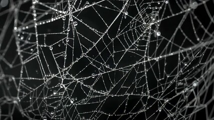 Intricate spiderweb covered with glistening dew droplets forming delicate geometric patterns against a dark surface in a detailed natural macro scene - Powered by Adobe