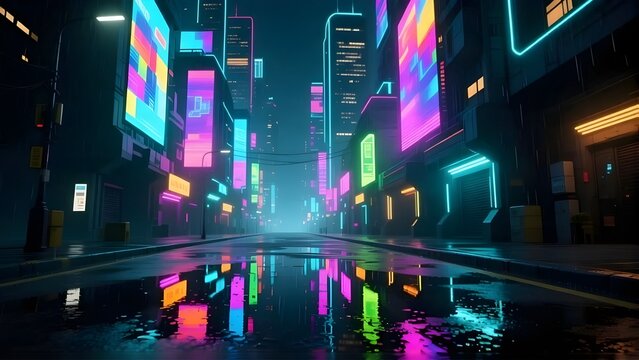 A dark, atmospheric street view of a futuristic city at night, heavily influenced by the Cyberpunk and Synthwave aesthetic. 
