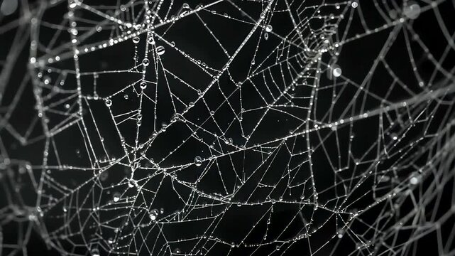 Intricate spiderweb covered with glistening dew droplets forming delicate geometric patterns against a dark surface in a detailed natural macro scene