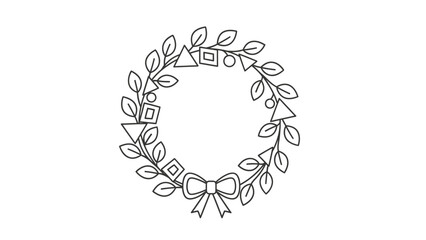 A black and white line drawing of a circular wreath adorned with leaves, geometric shapes, and a bow.