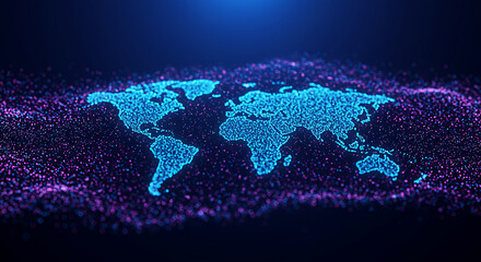 Abstract digital world map made of glowing blue particles on a dark background, representing global network connection, data flow, and futuristic technology concept