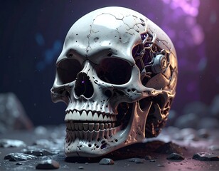 Cyborg skull half bone, half mechanical, standing on a rocky surface against a bokeh-lit backdrop