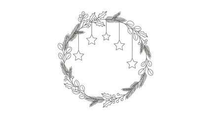 Hand-drawn Christmas wreath with stars, fir branches, and leaves.