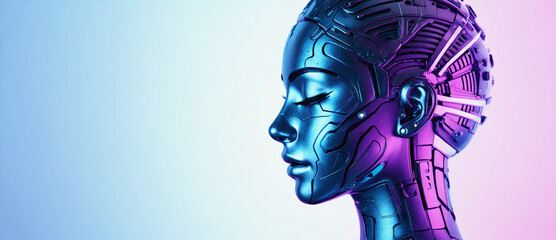 Cybernetic Contemplation: An alluring cyborg face, rendered in metallic hues, embodies the convergence of technology and humanity, with a serene expression and futuristic design.