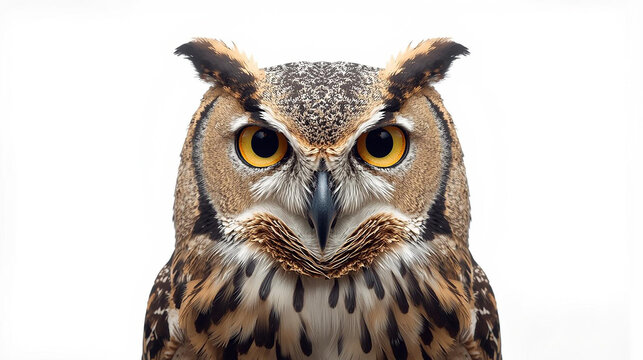 Majestic great horned owl close-up with intense yellow eyes on a pristine white background. Detailed feathered portrait of a wise, powerful nocturnal bird of prey.