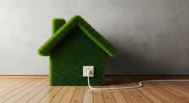Green energy house concept plugged into outlet showing sustainability future