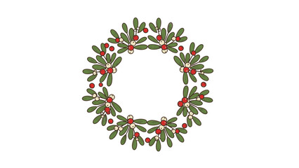 Circular wreath illustration with green leaves and red berries, perfect for holiday decorations.