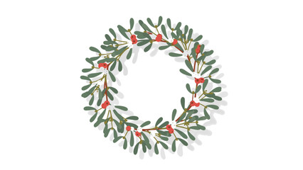 Illustration of a mistletoe wreath with red berries on a white background.