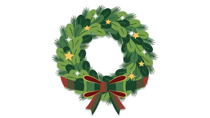 A festive green Christmas wreath with yellow stars and a red and green plaid bow, perfect for holiday decorations.