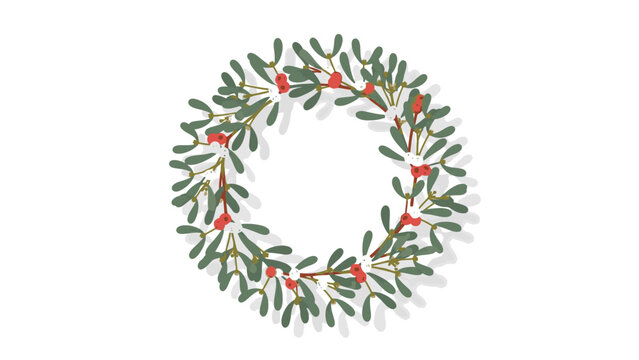 Illustration of a mistletoe wreath with red berries on a white background.