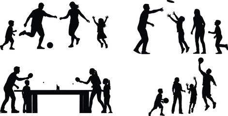 Silhouette family activities sports recreation games various poses