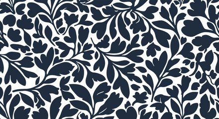 Seamless Dark Navy Blue and White Botanical Floral Pattern Vector Illustration Background for Fabric Wallpaper Textile Design, cad drawing