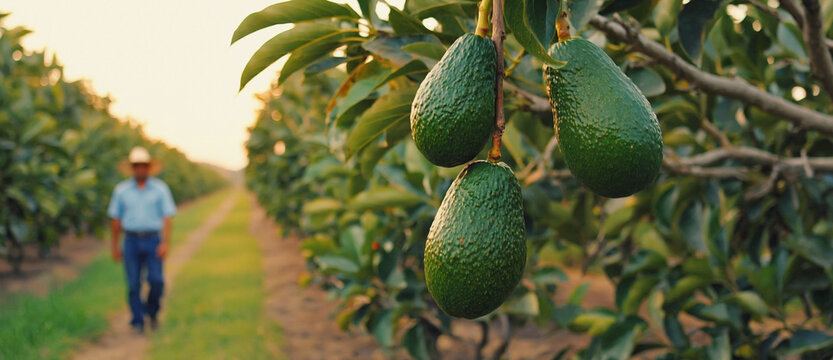 Avocado Orchard Harvest: Capture a serene moment in an avocado orchard, with rows of vibrant green trees laden with ripe avocados, reflecting agricultural bounty and healthy lifestyle, at the orchard