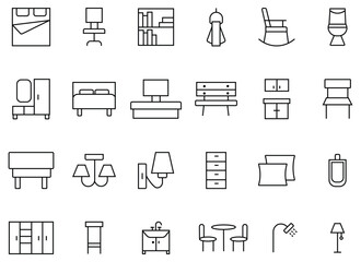 Set of home furniture icon. Modern thin line style of furniture. Furniture related icons sofa table, chair, mattress, bedroom, lamps, ladder and more.  Decorative and lighting elements. Vector 