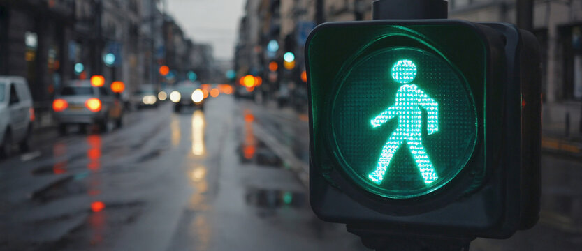 Green Light in the City: A pedestrian signal glows green against the backdrop of a bustling city street. The signal illuminates the path forward, amidst the rain and the urban rhythm.