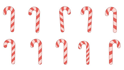 A collection of ten red and white striped candy canes arranged in two rows on a white background.