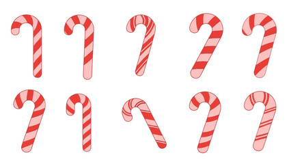 A collection of ten classic red and white striped candy canes arranged on a plain white background.